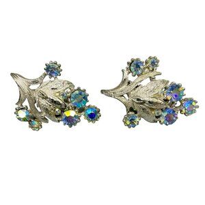 Vintage CORO Signed Aurora Borealis Blue Rhinestone Clip on Earrings MCM